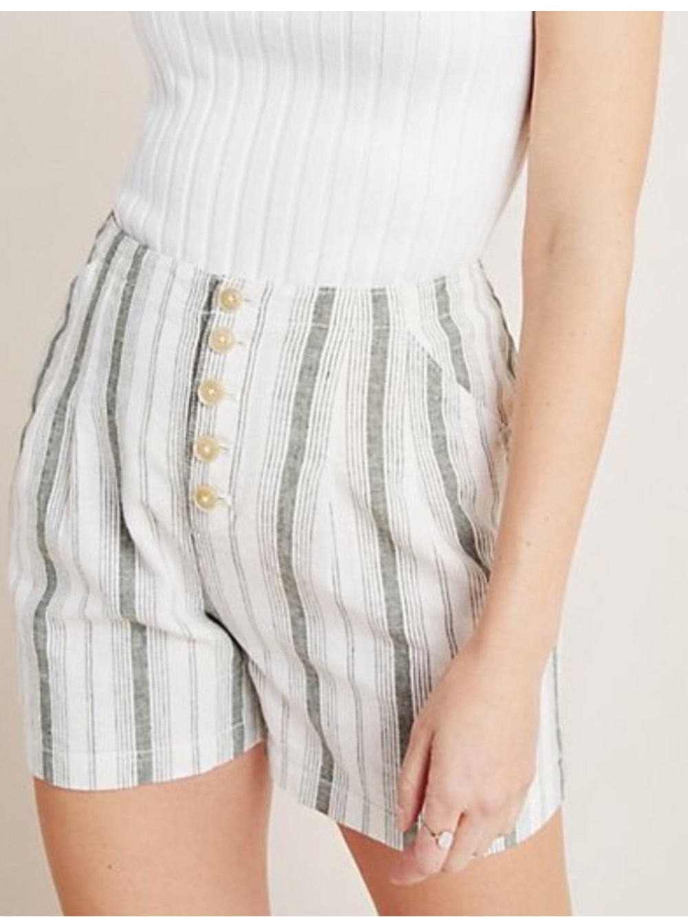 Anthropologie Beachgoer High Rise Shorts Green Striped Linen Blend Sz 8 Coastal